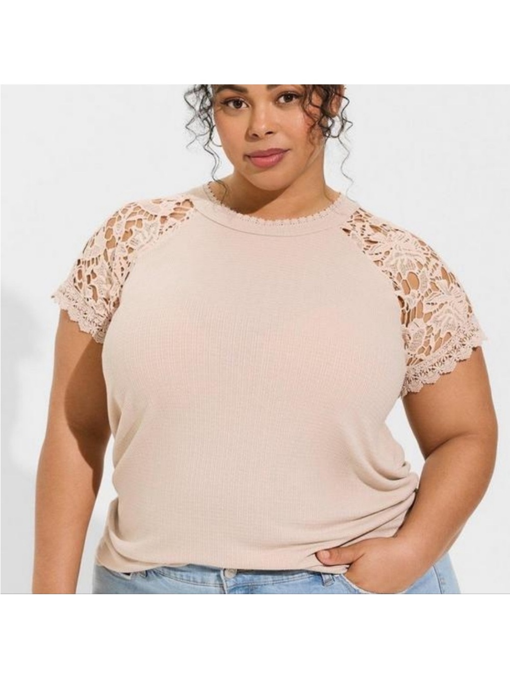 Torrid Crochet Raglan Crew Top Beige Size 1X Crochet Sleeves Bohemian
